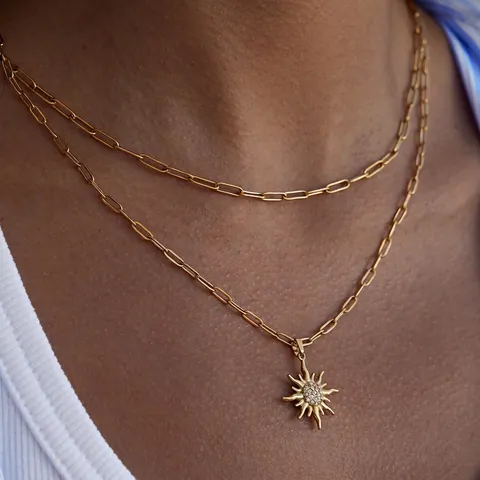 Collana A Strati Ciondolo Sole Acciaio Inossidabile Catena Graffetta Strass Oro Gioielli Donna