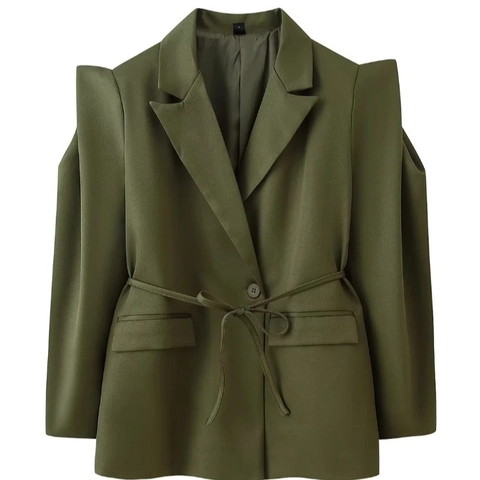 Giacca Blazer Donna Spalline Cintura Da Annodare Collo A Revers Maniche Lunghe Professionale Chic Elegante Cappotto