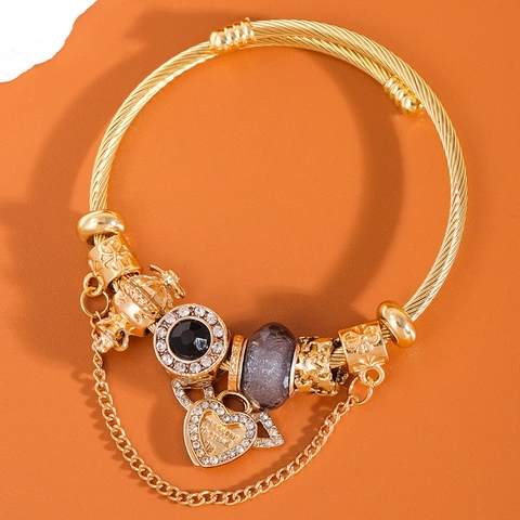 Heart Charm Bracelet Stainless Steel Gold Plated With Rhinestone Angel Wing Crown Colorful Beads Twisted Bangle For Women