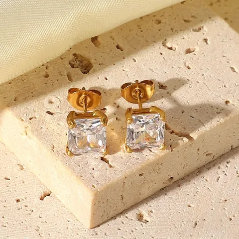 Minimalistisch 18K Verguld Roestvrij Staal Verfijnd Vierkant Zirkonia Oorknopjes Voor Dames Elegant Geometrisch Sieraden