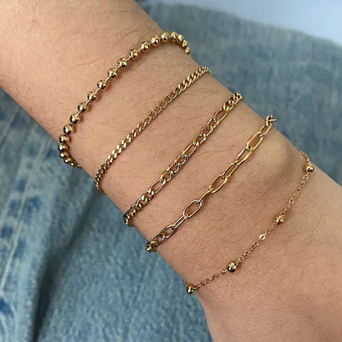 Minimalistische Vergulde Roestvrijstalen Kettingarmbanden Voor Dames Figaro Paperclip Kralenkettingen Zirkoon Waterdicht Sieraden