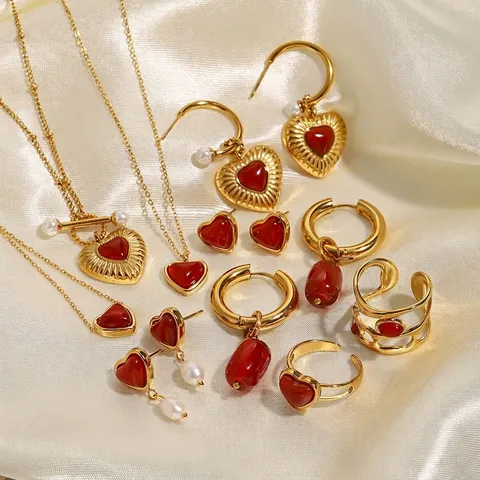 Vintage Heart Jewelry Red Agate Necklace Earrings Ring Stainless Steel 18K Gold Plated Artificial Pearl Elegant Style For Women