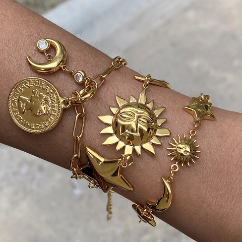 Edelstahl Armband Himmlisch Sonne Mond Stern Münze Anhänger 18K Vergoldet Wasserdicht Retro Schmuck Für Damen
