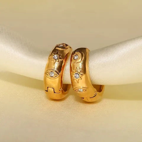 Evil Eye Stern Mond Creolen 18K Vergoldet Edelstahl Zirkonia Klobiger Geprägter Schmuck Für Frauen