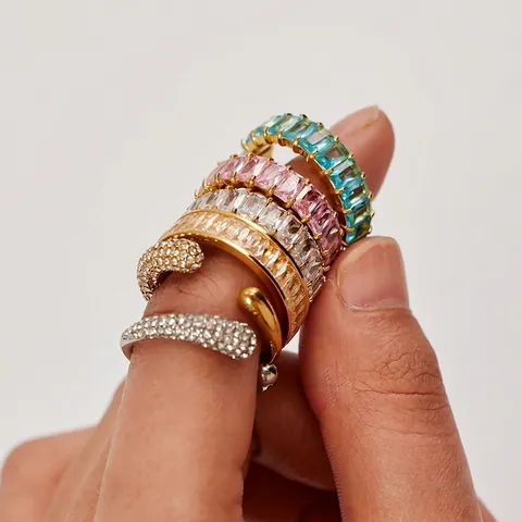 Smaragdschliff Zirkonia Edelstahl Ringe Für Damen Vakuum Vergoldet Minimalistisches Ewigkeitsschmuck Nischenschmuck