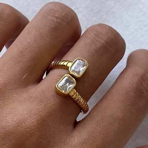Elegant Stainless Steel Ring With Double Rectangle Zircon Adjustable Open Band Waterproof Hypoallergenic Jewelry For Women