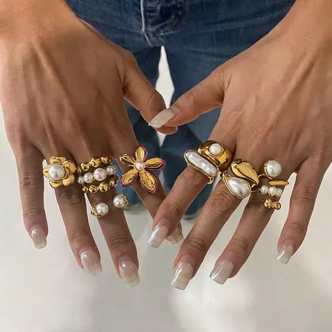 Vintage Edelstahl Künstliche Perle Ring Vergoldet Floral Geometrisch Wasserdicht Hypoallergen Damen Mode Schmuck