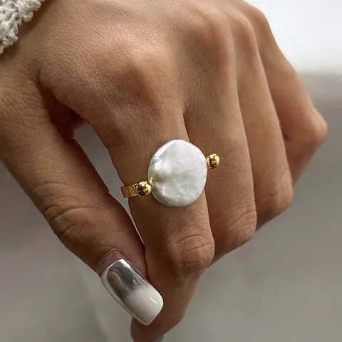 Vintage Vergoldet Edelstahl Offener Ring Für Damen Künstliche Barockperle Knopf Design Eleganter Verstellbarer Fingerring Schmuck