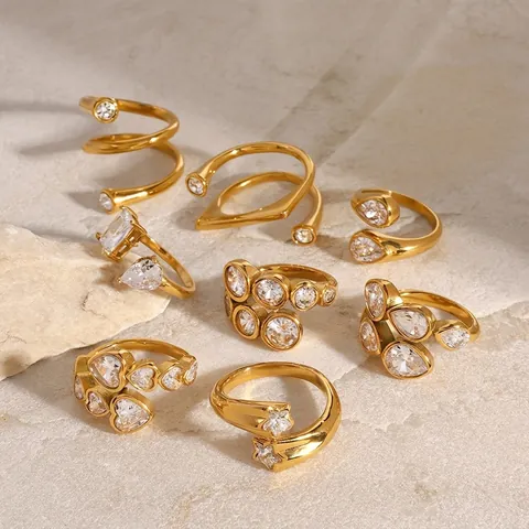 Adjustable Rings 18K Gold Plated Stainless Steel Zircon Waterproof Hypoallergenic Geometric Fashion Elegant Jewelry