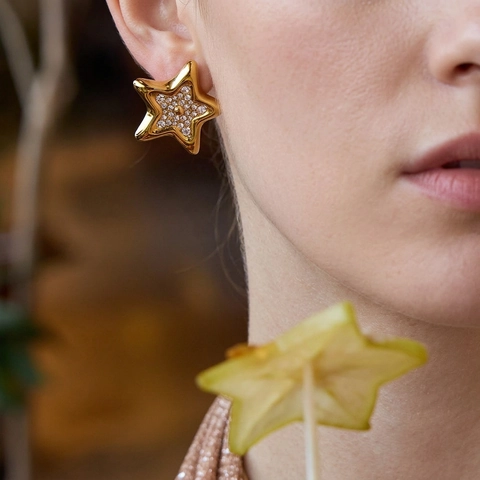 Roestvrijstalen Ster Oorbellen Met Steentjes Puffy Vijfpuntige Ster Studs Waterdichte Hypoallergene Sieraden Voor Dames