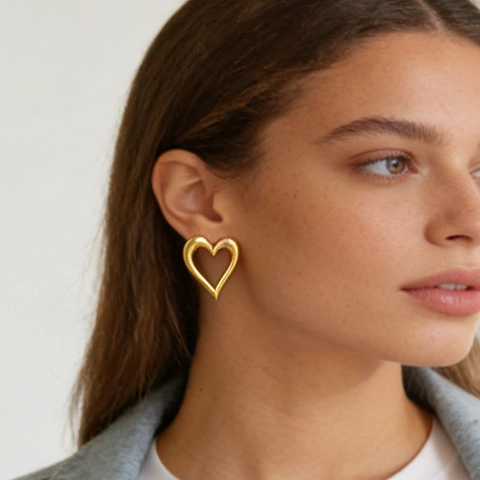 Pendientes de Botón de Corazón Hueco Vintage para Mujer Chapados en Oro 18K Acero de Titanio Minimalistas en Forma de Corazón