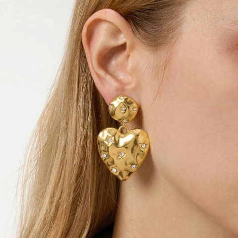 Herz Hängeohrringe 18K Vergoldet Edelstahl Hammerschlag Stern Rheinstein Hypoallergen Wasserdicht Damen Schmuck