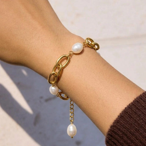 Bracelet Perles D'eau Douce Vintage Acier Inoxydable Plaque Or 18K Impermeable Anti Ternissure Chaine Maillons Elegante