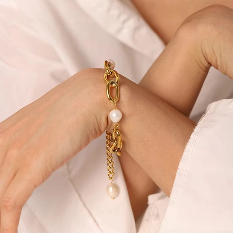 Bracelet Perles D'eau Douce Vintage Acier Inoxydable Plaque Or 18K Impermeable Anti Ternissure Chaine Maillons Elegante