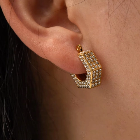 Boucles D'Oreilles Créoles En Forme De U En Acier Inoxydable Plaqué Or 18 Carats Strass Pavés Bijoux Hypoallergéniques