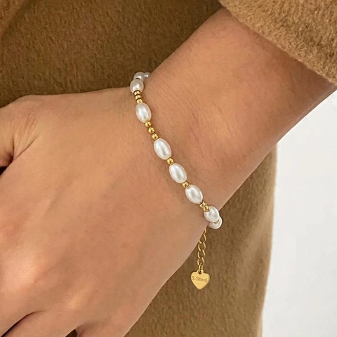 Artificial Pearl Beaded Bracelet Stainless Steel 18K Gold Plated Waterproof Hypoallergenic Adjustable Elegant Jewelry For Women