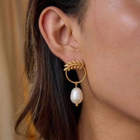 Vintage Weizenähren Hoop Ohrhänger Edelstahl 18K Vergoldet Süßwasserperle Eleganter Französischer Stil Für Frauen