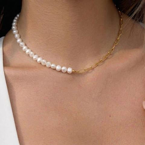Set Di Gioielli Collana Bracciale Künstliche Perle Naturali Catena Graffetta Acciaio Inossidabile Impermeabile Ipoallergenico Donna