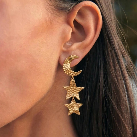 Women's Vintage Minimalist Asymmetric Star Moon Drop Earrings Hammered Texture Stainless Steel 18K Gold Plated Jewelry
