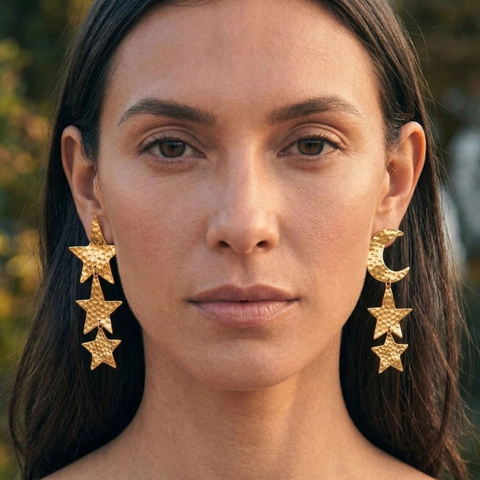 Women's Vintage Minimalist Asymmetric Star Moon Drop Earrings Hammered Texture Stainless Steel 18K Gold Plated Jewelry