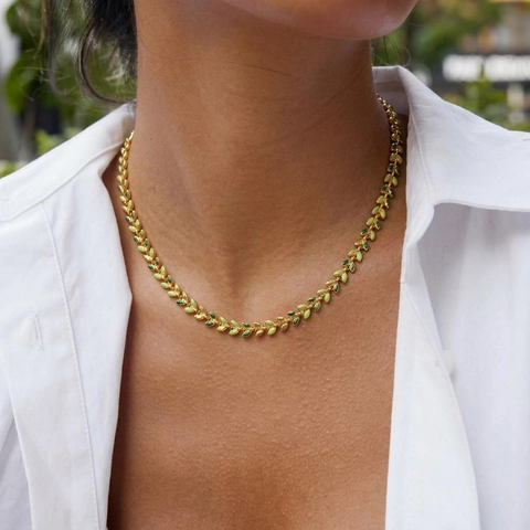 Collana Foglia Vintage Acciaio Inossidabile Placcato Oro 18K Smalto Verde Design Botanico Gioielli Donna