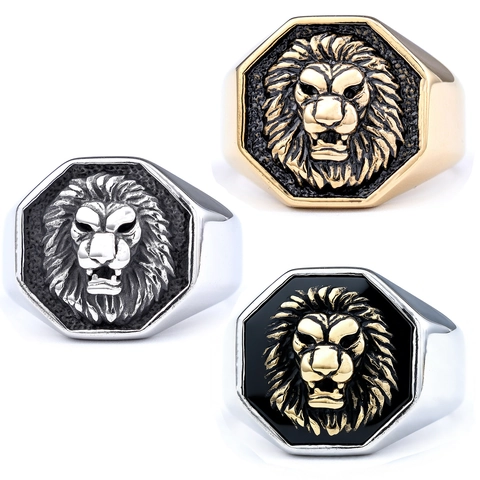 Lion Head Ring Stainless Steel Vintage Domineering Men Octagonal Relief Punk Hip Hop Fashion Jewelry