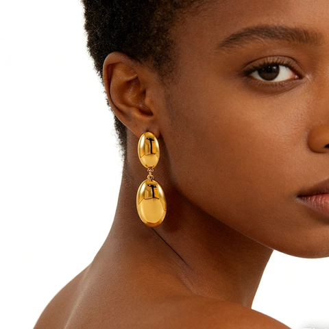 Orecchini Pendenti Doppio Ovale Acciaio Inossidabile Placcato Oro 18K Lucido Specchio Geometrico Minimalista Donna