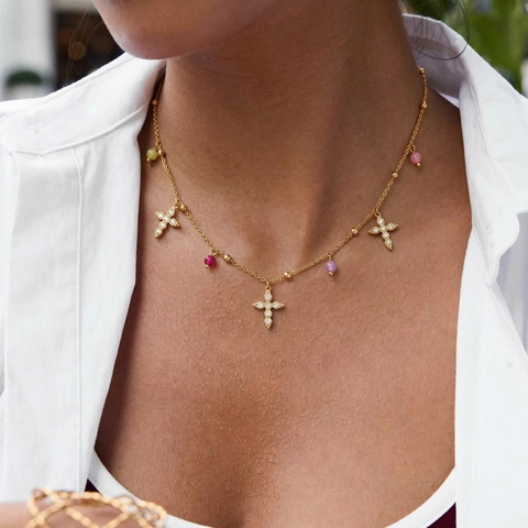Collana Con Pendente A Croce Acciaio Inossidabile Placcato Oro 18K Zirconia Perline Colorate Gioielli Bohémien INS Per Donna