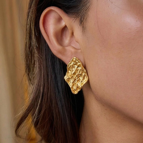 Hammered Geometric Stud Earrings 18K Gold Plated 304 Stainless Steel Irregular Lava Textured Vintage Minimalist Jewelry