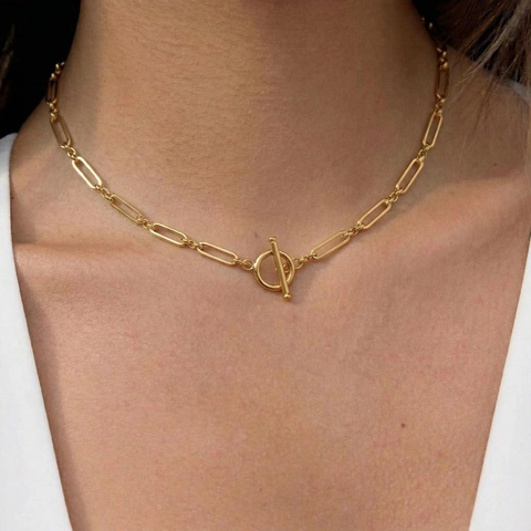 Collier À Maillons Paperclip Acier Inoxydable Plaqué Or 18K Géométrique Fermoir À Bascule Minimaliste Femmes