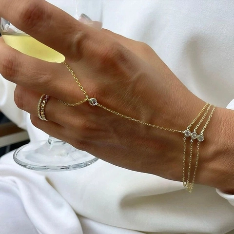 Sklavenarmband Edelstahl Handkette Mit Ring 18K Vergoldet Weiße Zirkonia Mehrlagig Schmuck Für Damen