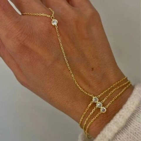Sklavenarmband Edelstahl Handkette Mit Ring 18K Vergoldet Weiße Zirkonia Mehrlagig Schmuck Für Damen