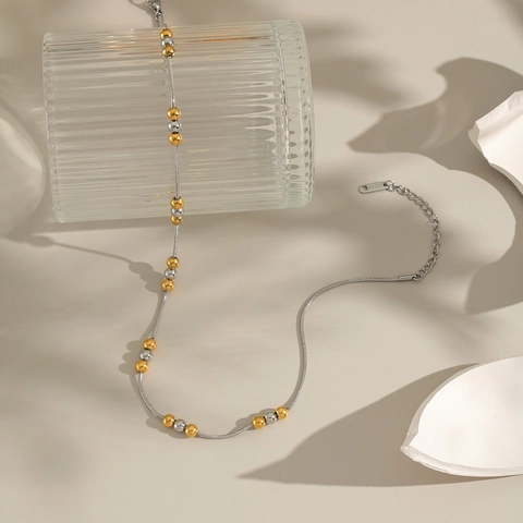Collar De Cuentas Minimalista En Dos Tonos De Acero Inoxidable Chapado En Oro De 18K Cadena De Serpiente Para Mujer