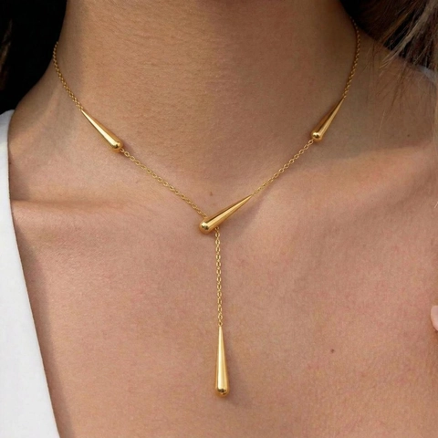 Minimalistische Gouden Roestvrijstalen Teardrop Tassel Y Ketting En Hangende Oorbellen Elegante Dames Sieraden Voor Dagelijks