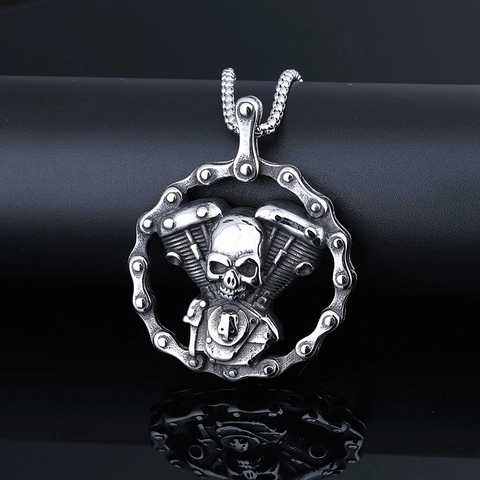 Collier Pendentif Acier Inoxydable Crâne Moteur Moto Biker Punk Gothique Bijoux Argent Vintage Homme