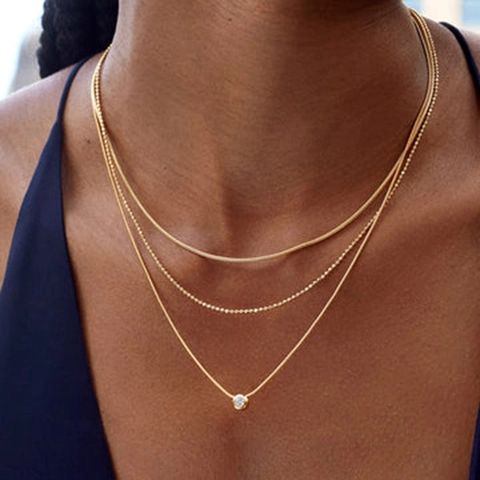 18K Gold Plated 304 Stainless Steel Multi Layer Necklace Zircon Pendant Snake Bead Chain Waterproof Hypoallergenic Women