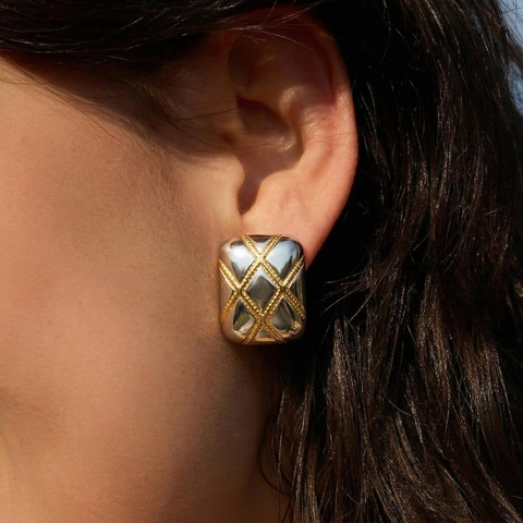 Square Stud Earrings Two Tone Gold Silver Plated Stainless Steel Quilted Lattice Pattern Elegant Retro Women