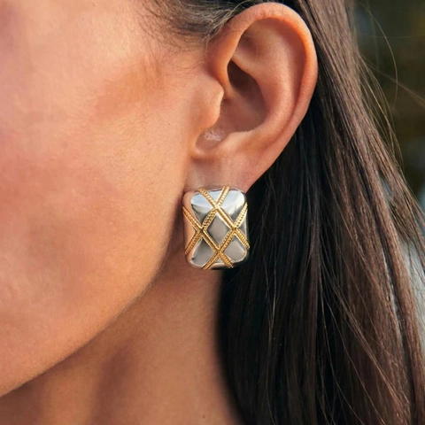 Square Stud Earrings Two Tone Gold Silver Plated Stainless Steel Quilted Lattice Pattern Elegant Retro Women