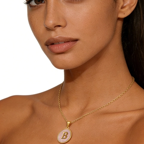 Halsketting Met Initiaal Hanger 18K Verguld Roestvrij Staal Roze Kunstparelmoer Schelp Ronde Sleutelbeinketting Voor Dames