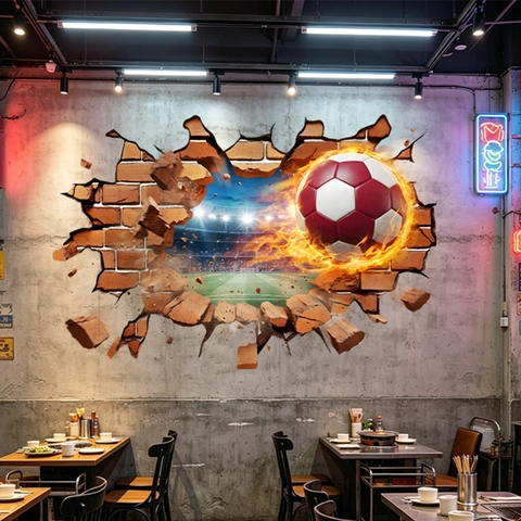 Adesivo Murale Calcio In Fiamme 3D PVC Effetto Parete Mattoni Rotti Decorazione Tema Sportivo Rimovibile Per Soggiorno Bar Ufficio