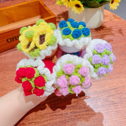 Handmade Crochet Flower Bouquet Keychain Wool Knitted Rose Sunflower Bag Pendant Decor With Bell Gift Women Girls