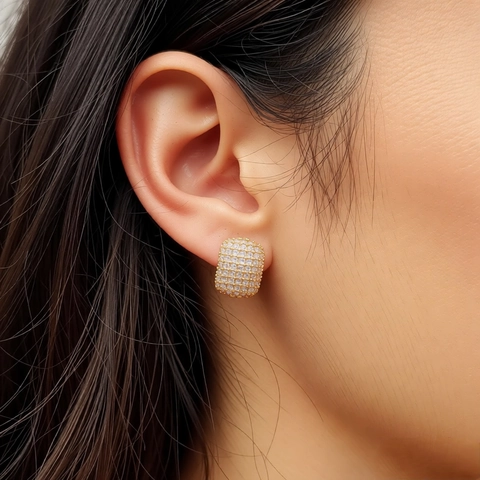 Elegant Geometric Rectangle Pave Zirconia Stud Earrings With 925 Sterling Silver Earring Post Gold Plated Copper Jewelry