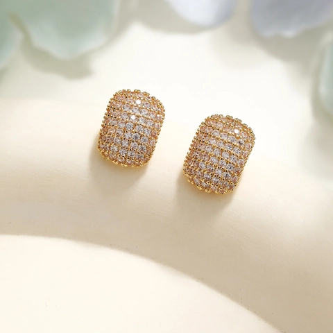 Elegant Geometric Rectangle Pave Zirconia Stud Earrings With 925 Sterling Silver Earring Post Gold Plated Copper Jewelry