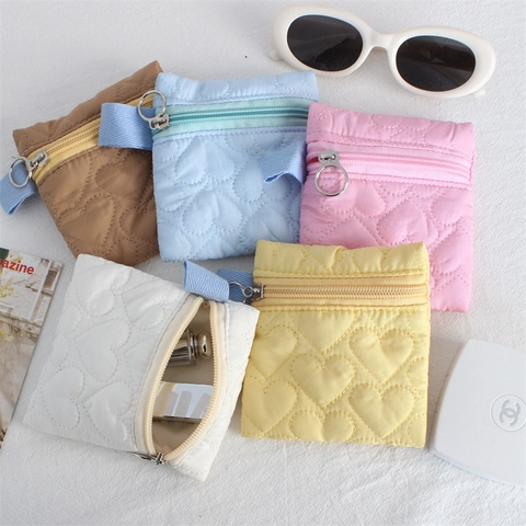 Quilted Heart Coin Purse Polyester Zipper Mini Storage Pouch Portable Cute Small Wallet For Girls Women