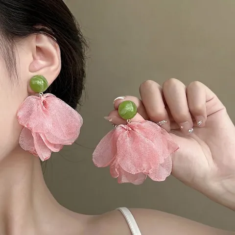 Blütenblatt Ohrhänger Mit Chiffon Stoff Und 925 Sterling Silver Earring Post Französischer Retro Fee Stil Für Damen