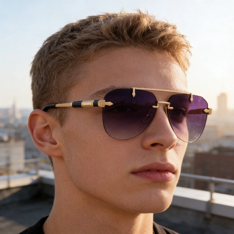 Aviator Sunglasses For Men Rimless Double Bridge Square Metal Frame PC Lens UV400 Fashion Driving Eyewear