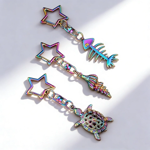 Iridiserende Legering Mariene Thema Sleutelhanger Met Stersluiting Regenboog Schildpad Visgraat Wulk Tas Bedeltje