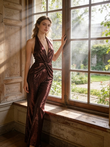 Pailletten Halter Jumpsuit Tiefem V-Ausschnitt Rückenfrei Weites Bein Party Abend Elegant Damen