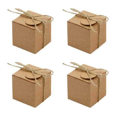 Mini Kraft Paper Square Candy Box DIY Vintage Gift Containers With Hemp Rope For Wedding Party Favors Souvenirs Rustic