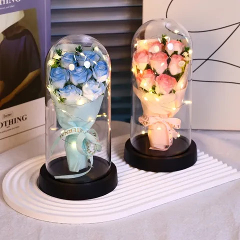 Seifenrose Blumen Glaskuppel LED Lichterkette Dekorative Künstliche Bouquet Geschenk Für Valentinstag Geburtstag Jubiläum Home Decor